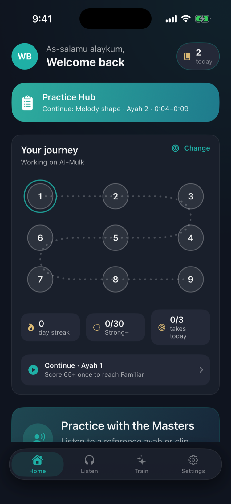 Maqam app: home screen with a practice journey map across ayat, plus streak and takes-today counters.