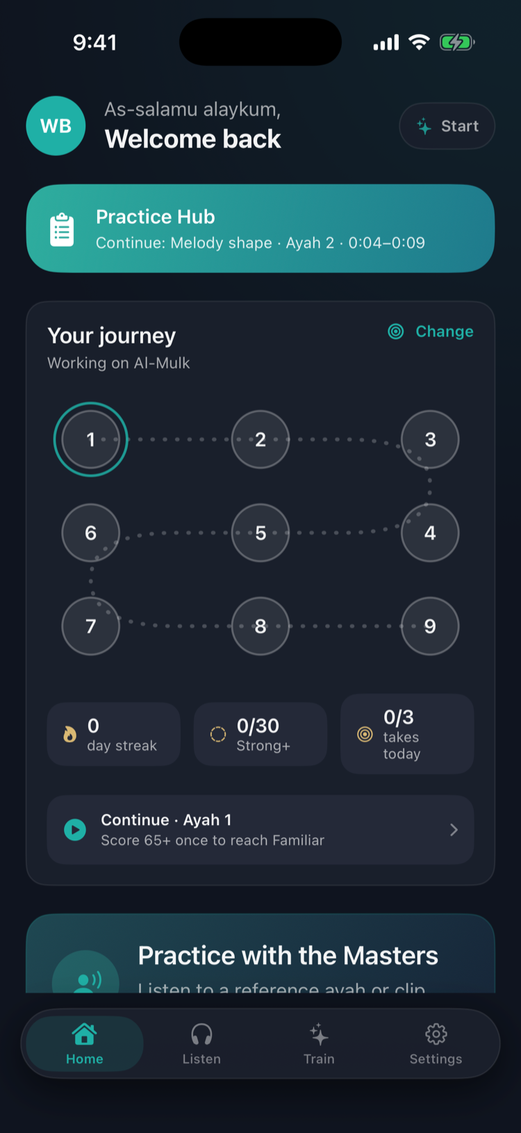 Maqam app: practice hub listing targeted drills generated from the latest recitation analysis.