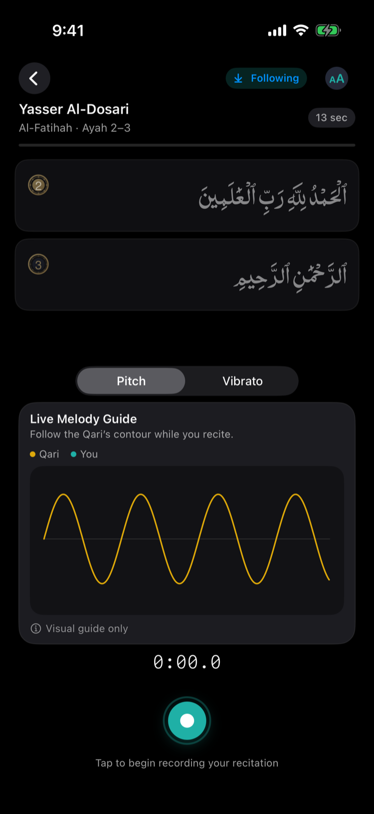 Maqam app: live recording screen capturing a recitation attempt with a real-time level meter.