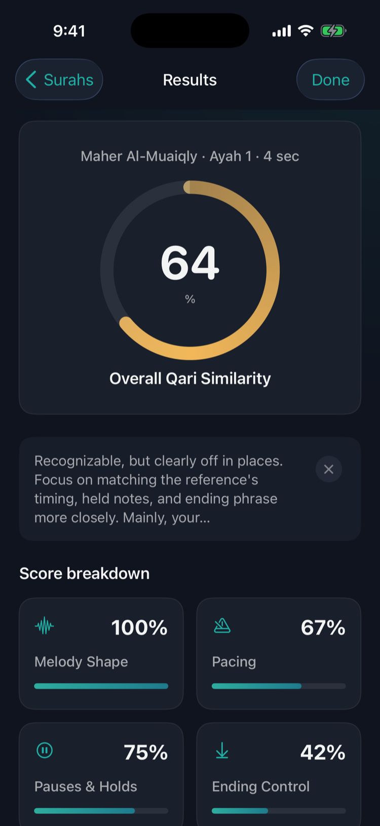 Maqam app: analysis results for a Surah Al-Fatiha recitation showing dimension scores.