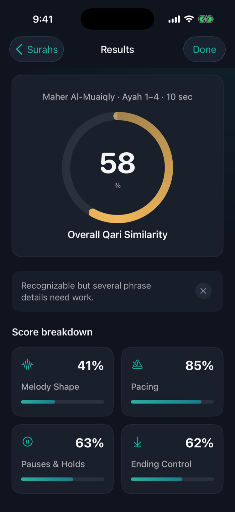 Maqam app: melody coaching screen highlighting the weakest phrase of a recitation with pitch comparison against the Qari.