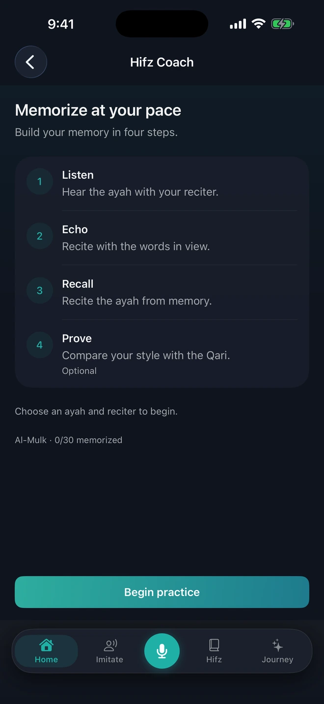Hifz Coach overview in Maqam, showing Listen, Echo, Recall, and optional Prove with a Begin practice action.