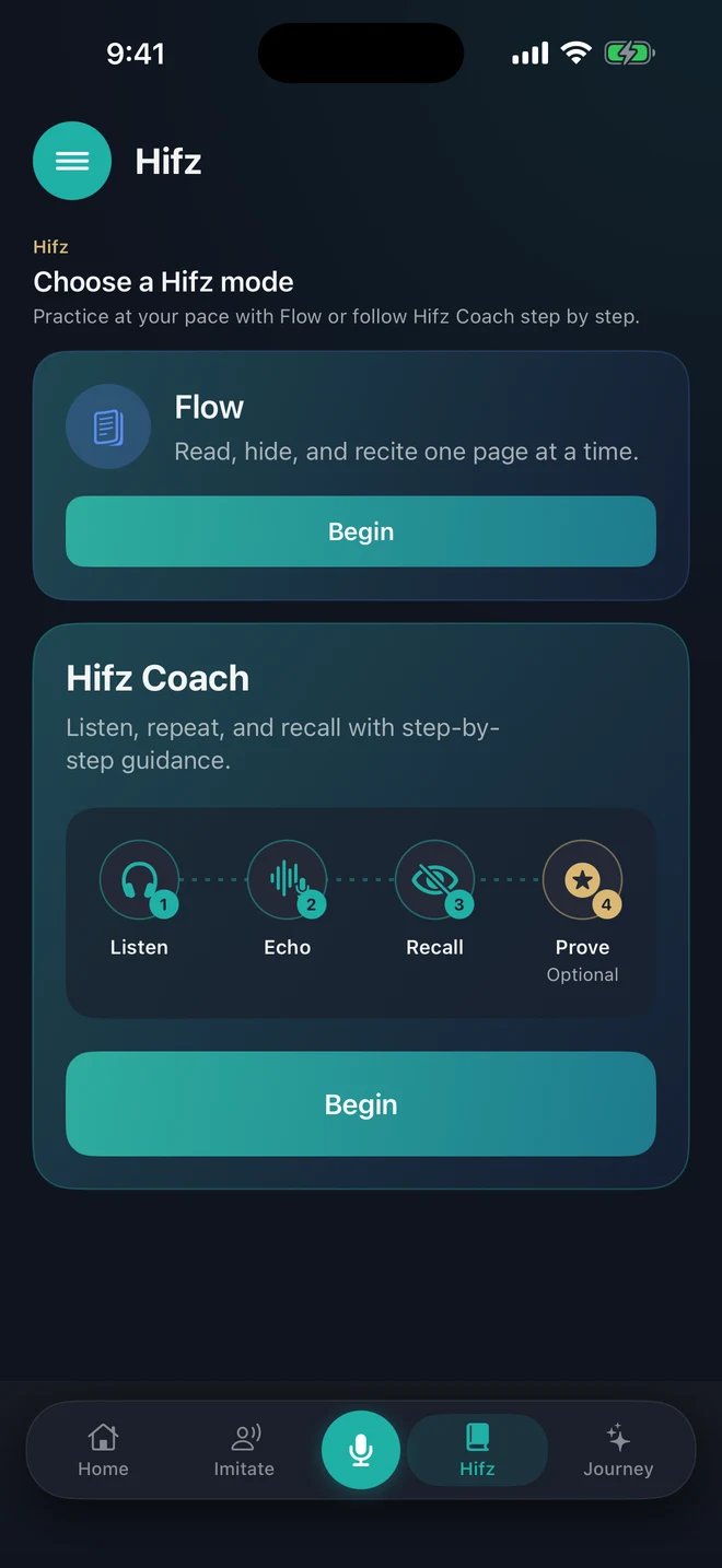 The real Hifz mode picker with Flow and Hifz Coach, showing Listen, Echo, Recall, and optional Prove.