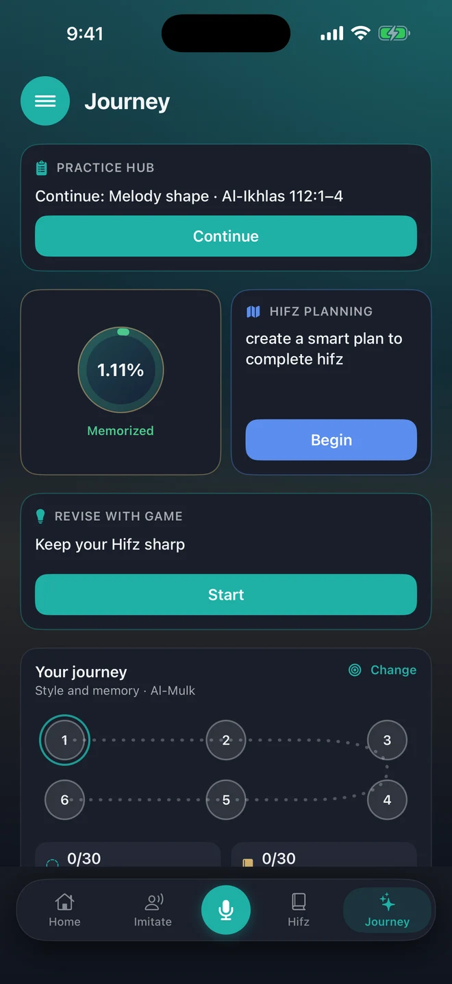 Maqam 2.0 Journey: Practice Hub, Memorization, Hifz Planning, revision game, and separate style and memory progress.